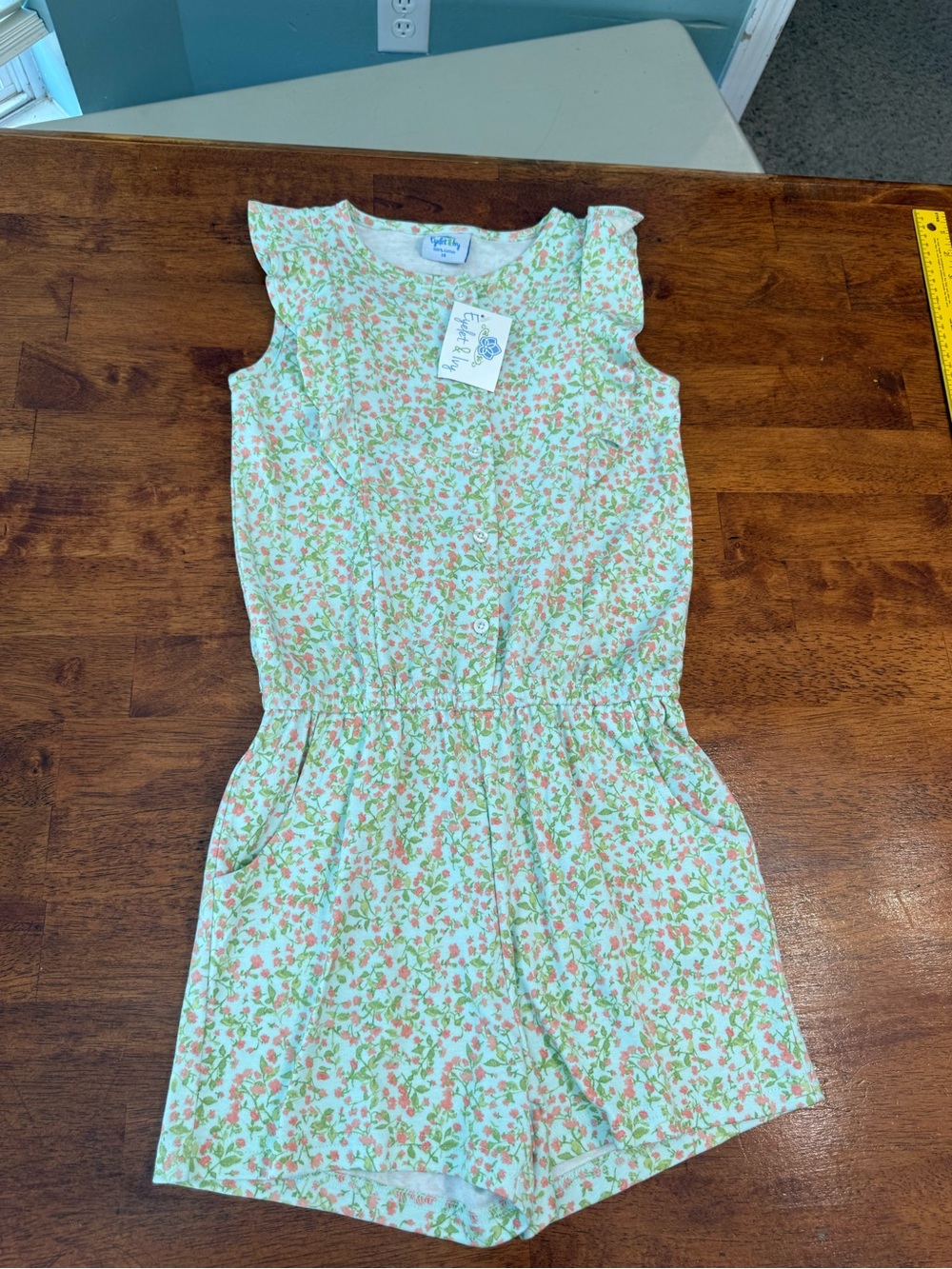 Eyelet & Ivy Girls Ruffle Floral Romper Mint Pink Ditsy Green Size 14